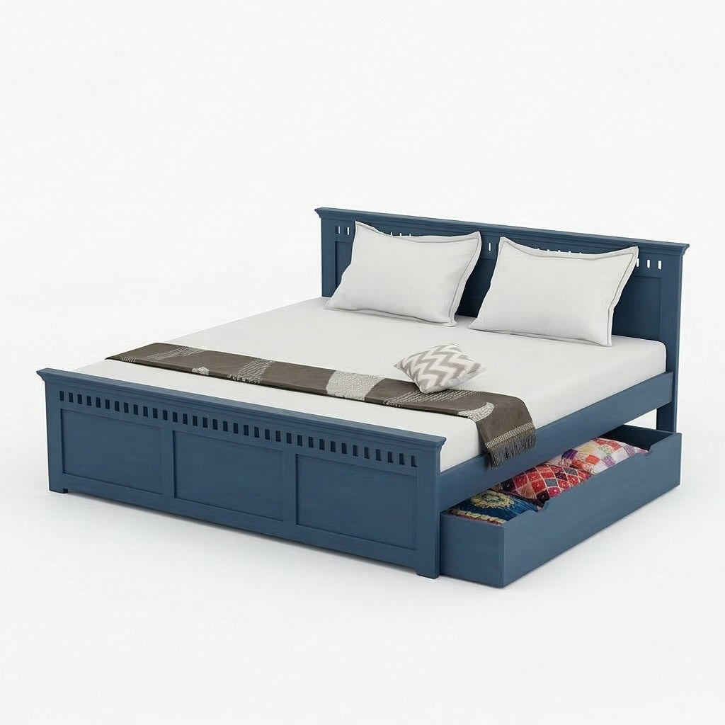 Indigo Blue Solid Wood Bed with Pull-Out Storage Drawer
