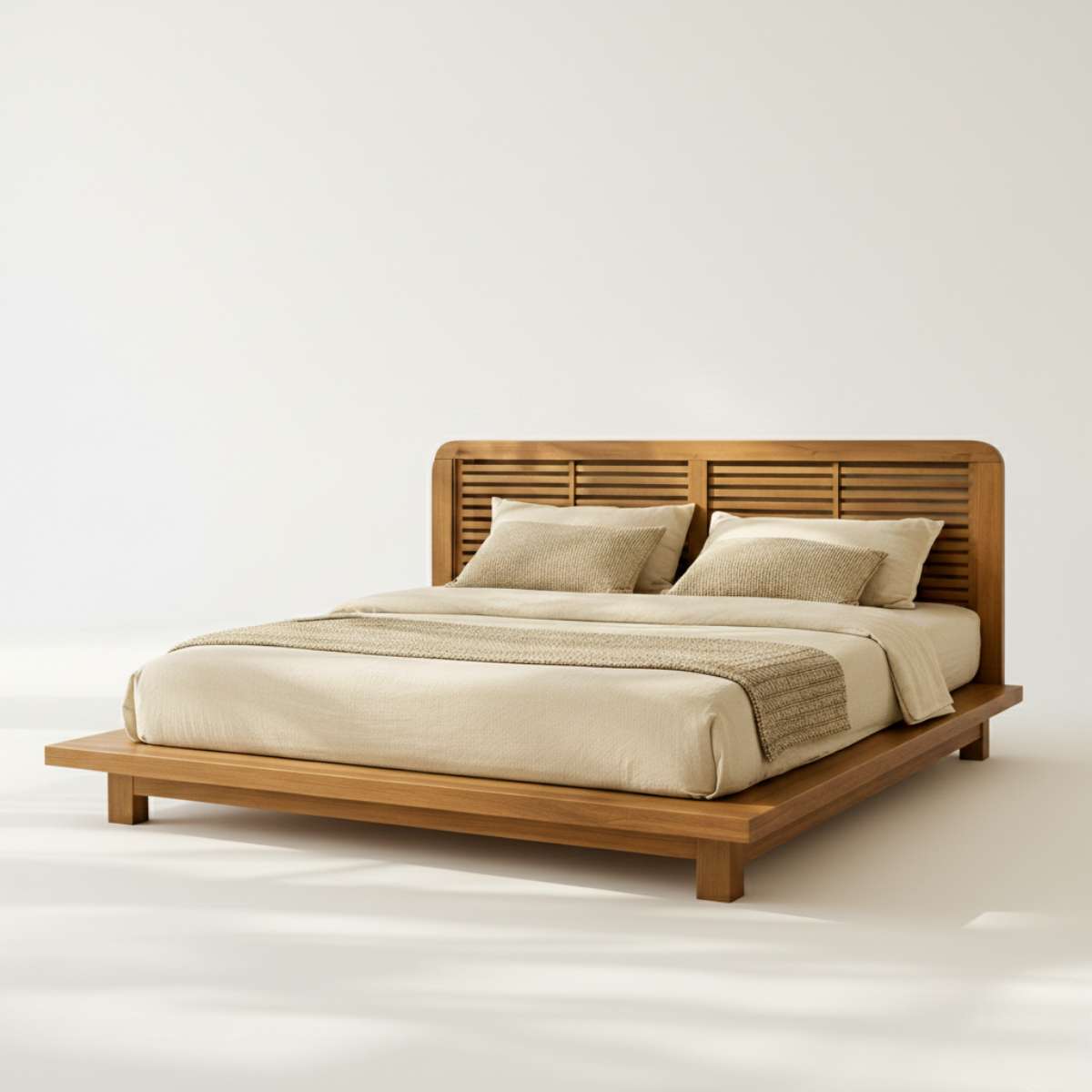 Karui Luxury Solid Oak Wood Platform Bed with Stilted Headboard