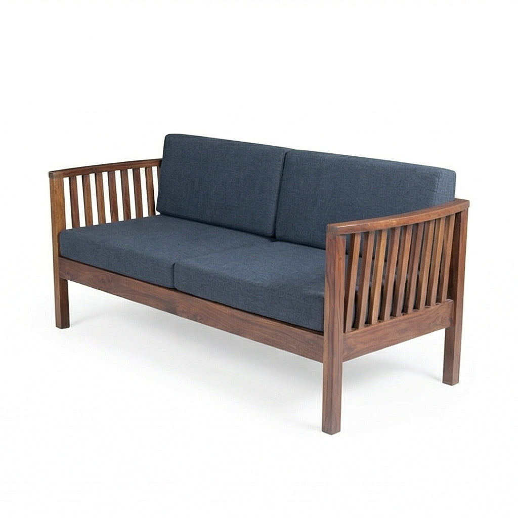 Solid Wood 2-Seater Sofa with Slatted Arms & Cushions Contemporary Wooden Sofa