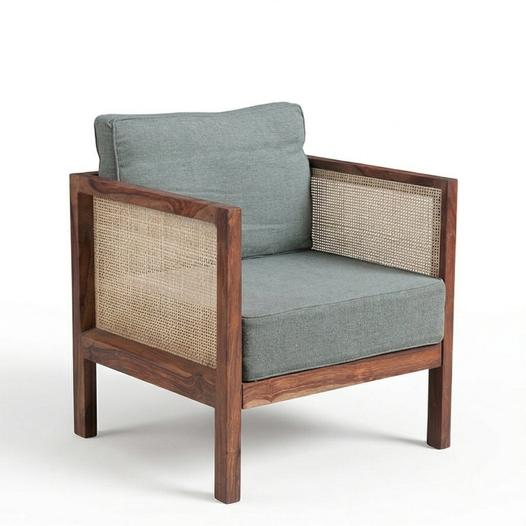 Solid Wood Cane Armchair with Upholstered Cushion Modern Rattan Accent Chair