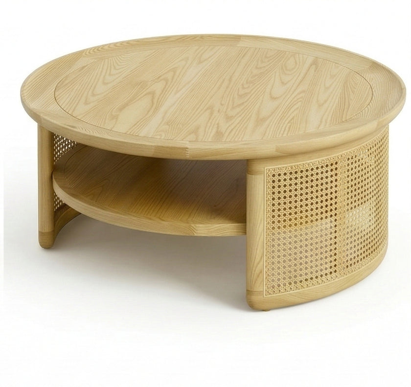 Aprd Round Solid Wood Cane Coffee Table with Storage Shelf