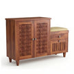 Solid Wood Shoe Rack with Carved Doors & Cushioned Bench Entryway Shoe Storage Cabinet