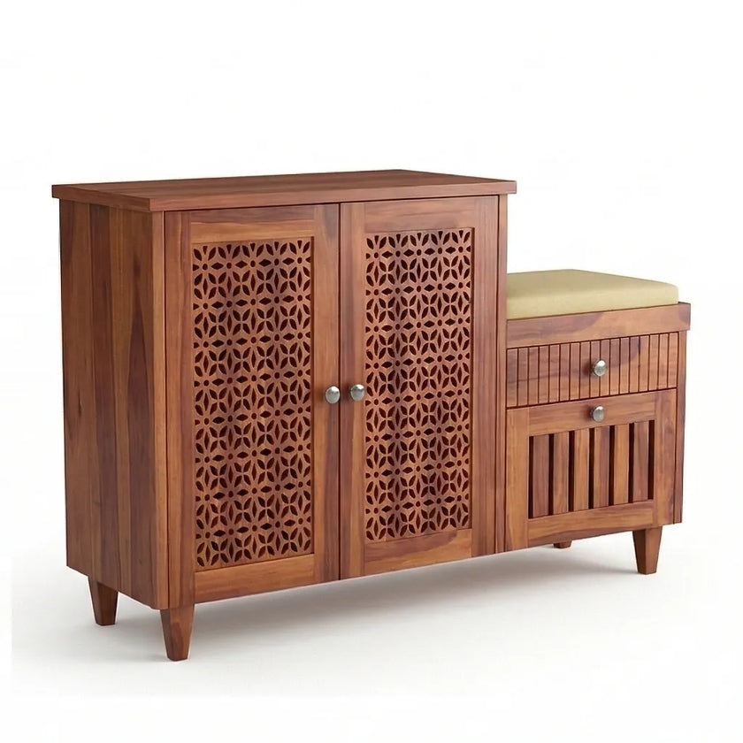 Solid Wood Shoe Rack with Carved Doors & Cushioned Bench Entryway Shoe Storage Cabinet