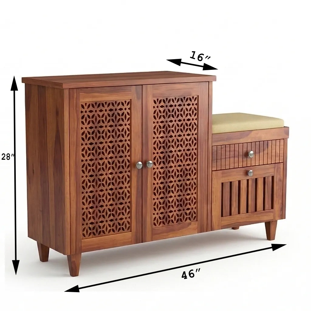 Solid Wood Shoe Rack with Carved Doors & Cushioned Bench Entryway Shoe Storage Cabinet