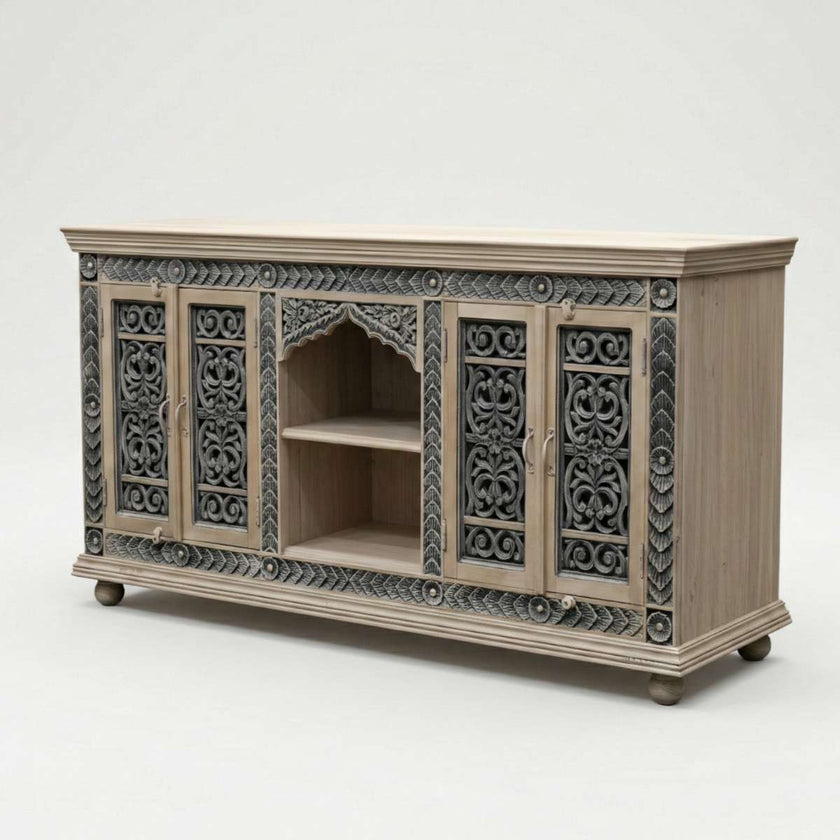 Meher Solid Teak Wood Carved Sideboard with Open Shelf