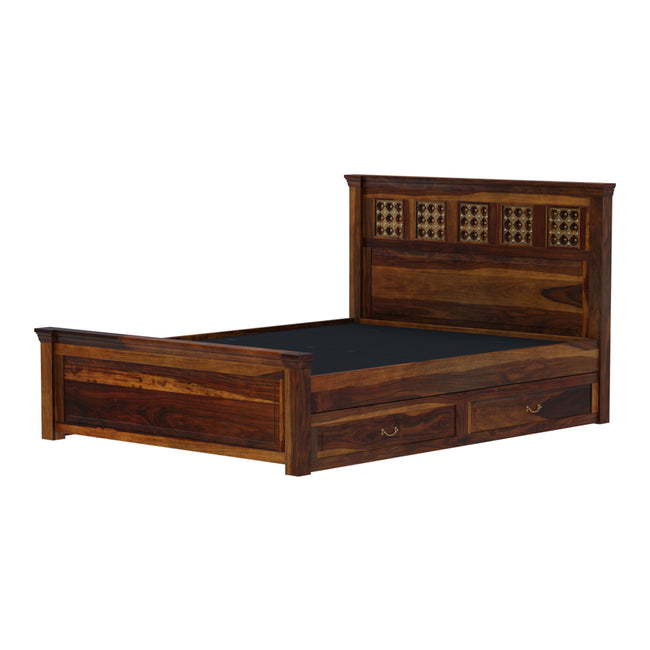 Heritage Style Sheesham Wood Bed with Brass Inlay Headboard