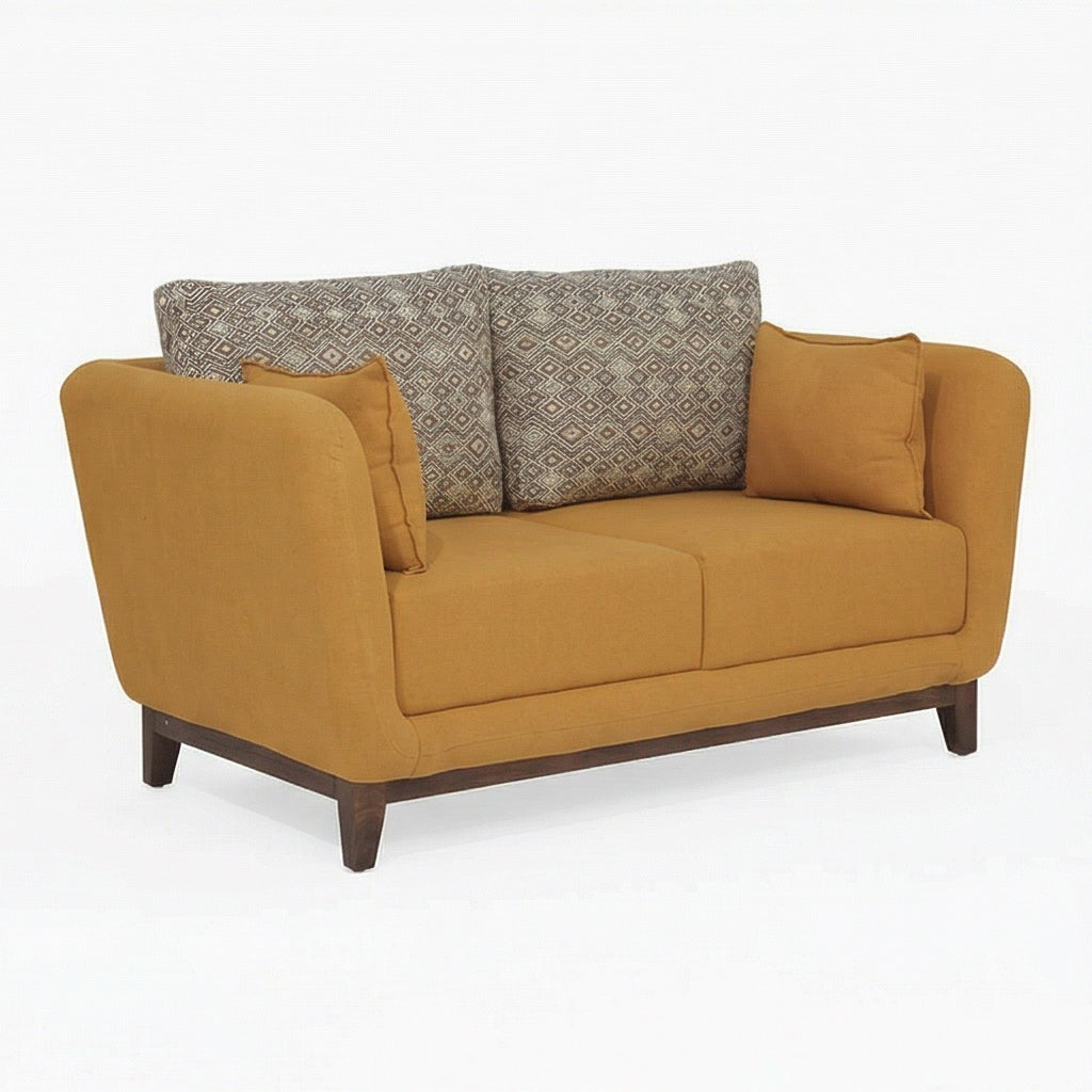 Modern Upholstered 2-Seater Sofa with Solid Wood Base & Patterned Cushions