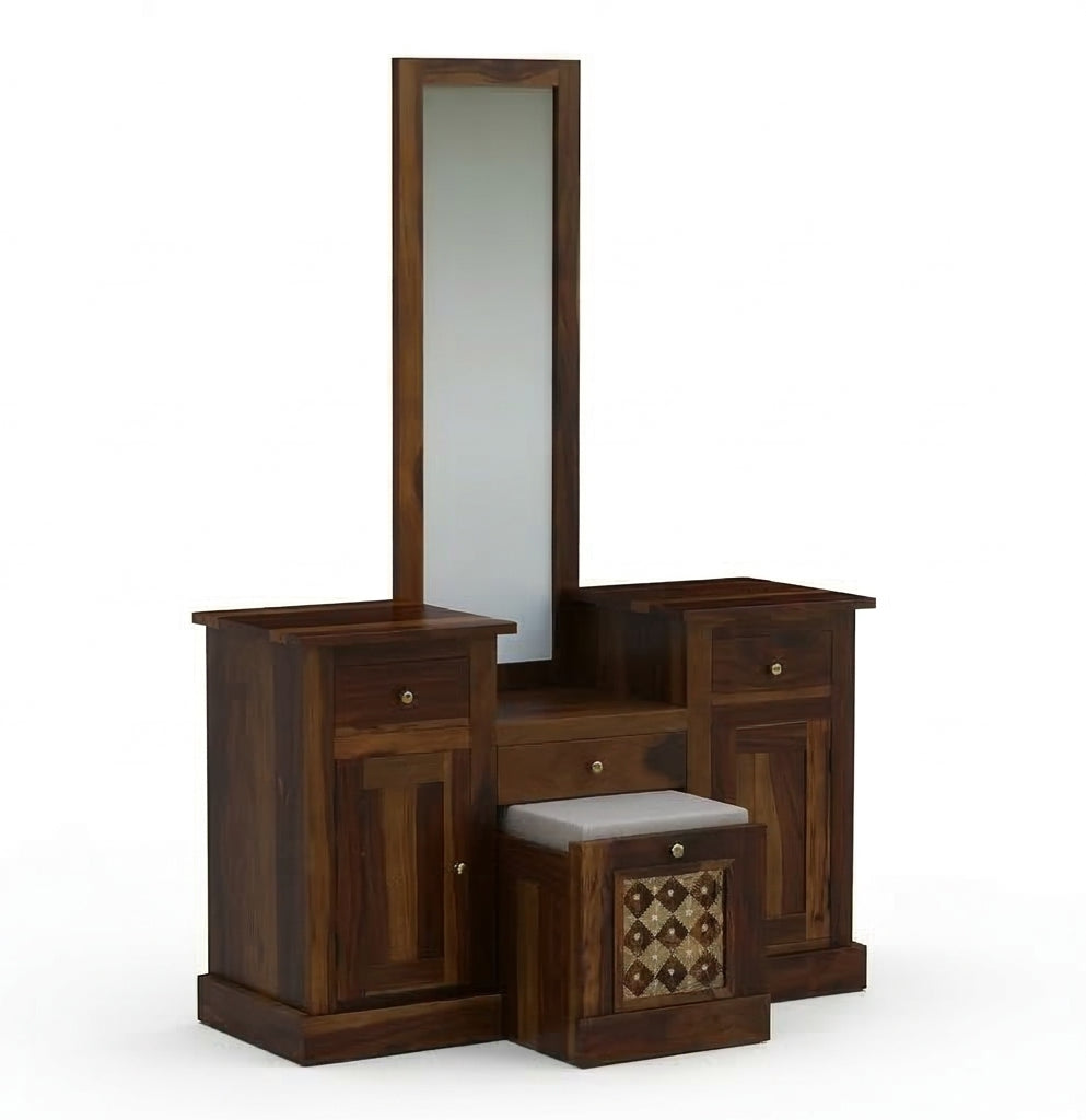 Solid Wood Dressing Table with Dual Storage Units & Cushioned Stool