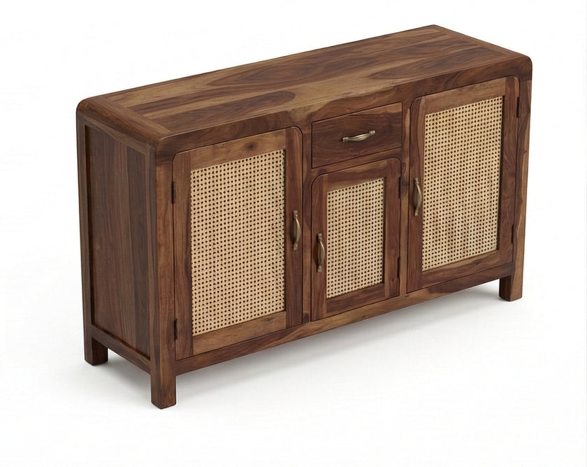 Handcrafted Solid Wood Shoe Rack Cabinet with Cane Doors & Drawer