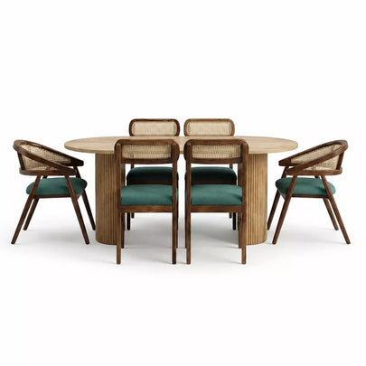 Sienna Solid Wood Oval 6 Seater Dining Set with Cane Chairs