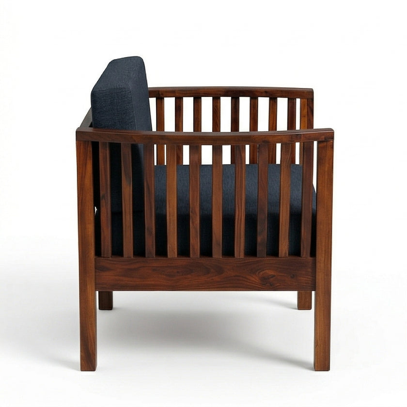 Solid Wood Armchair with Slatted Sides & Upholstered Cushion Contemporary Wooden Accent Chair