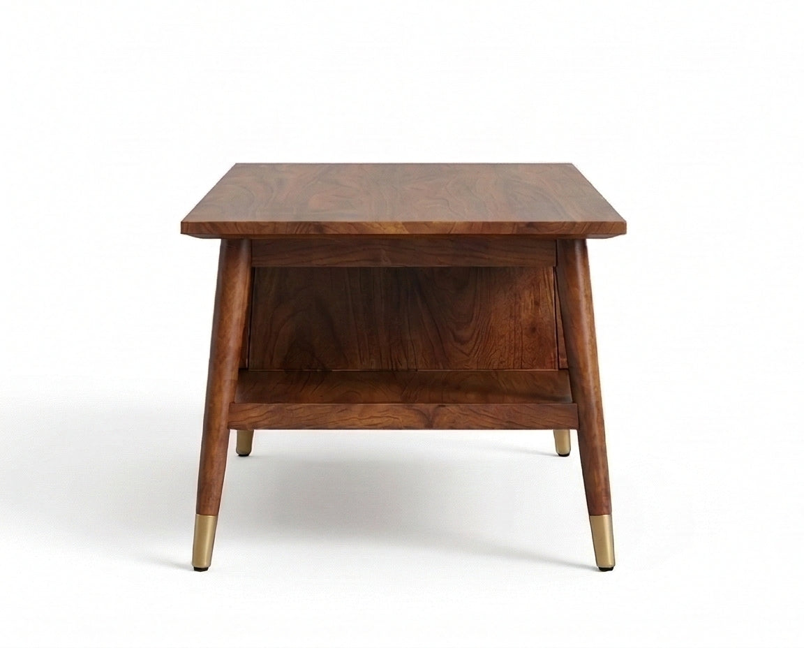 Mid-Century Solid Wood Coffee Table Cane Drawer Coffee Table with Shelf