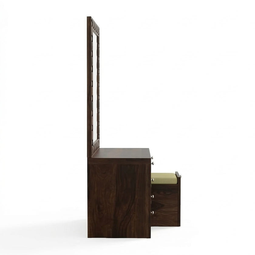 Solid Wood Dressing Table with Textured Panel Design & Storage Stool