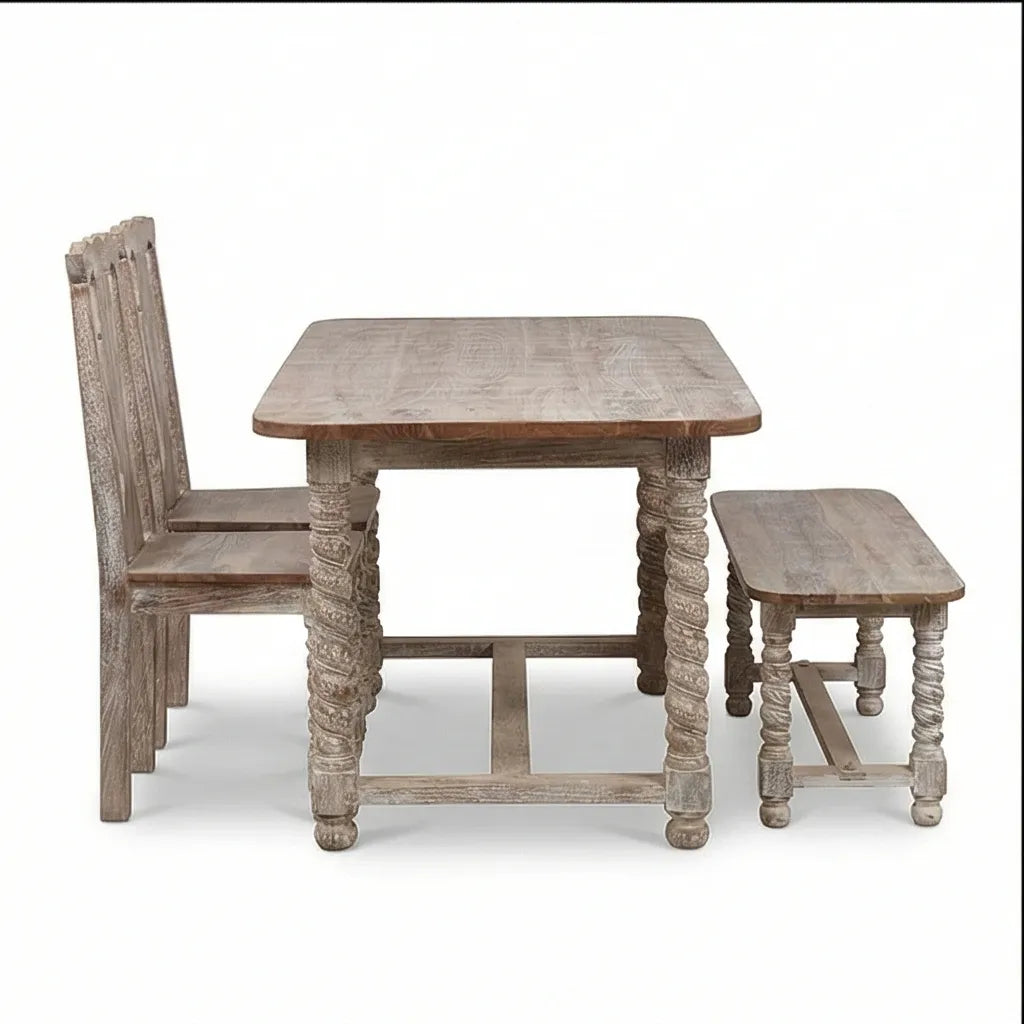 Mathilide Solid Wood Rustic Dining Set with Hand-Carved Chairs & Bench