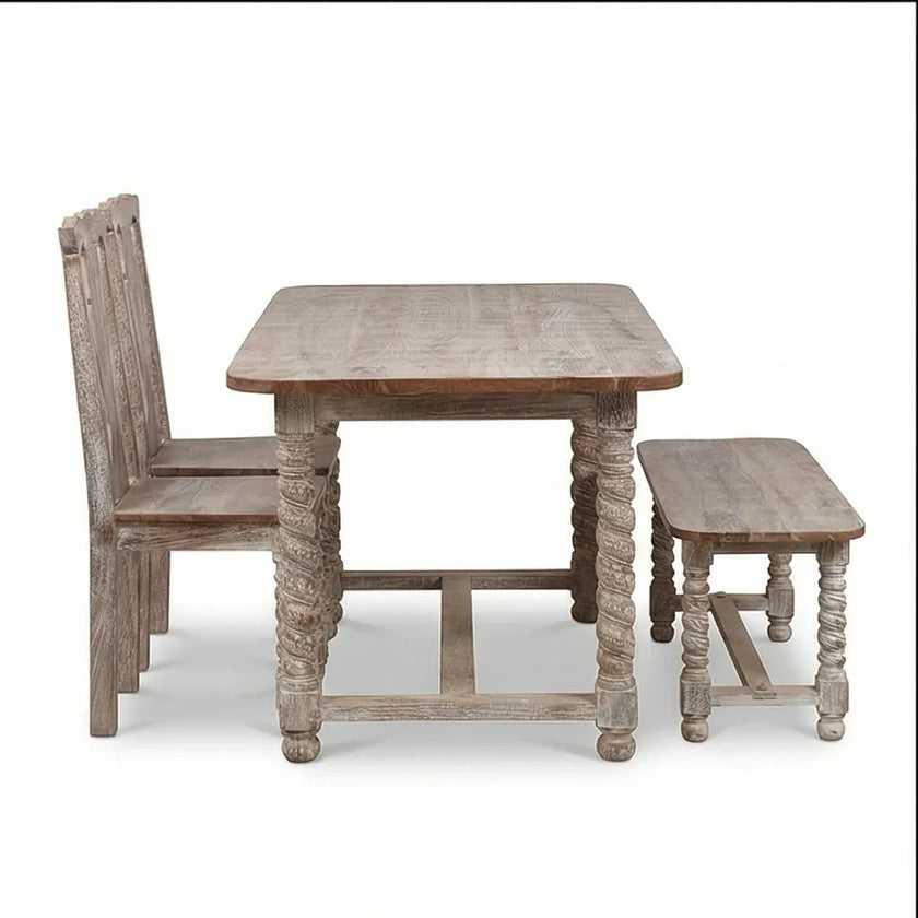 Mathilide Solid Wood Rustic Dining Set with Hand-Carved Chairs & Bench