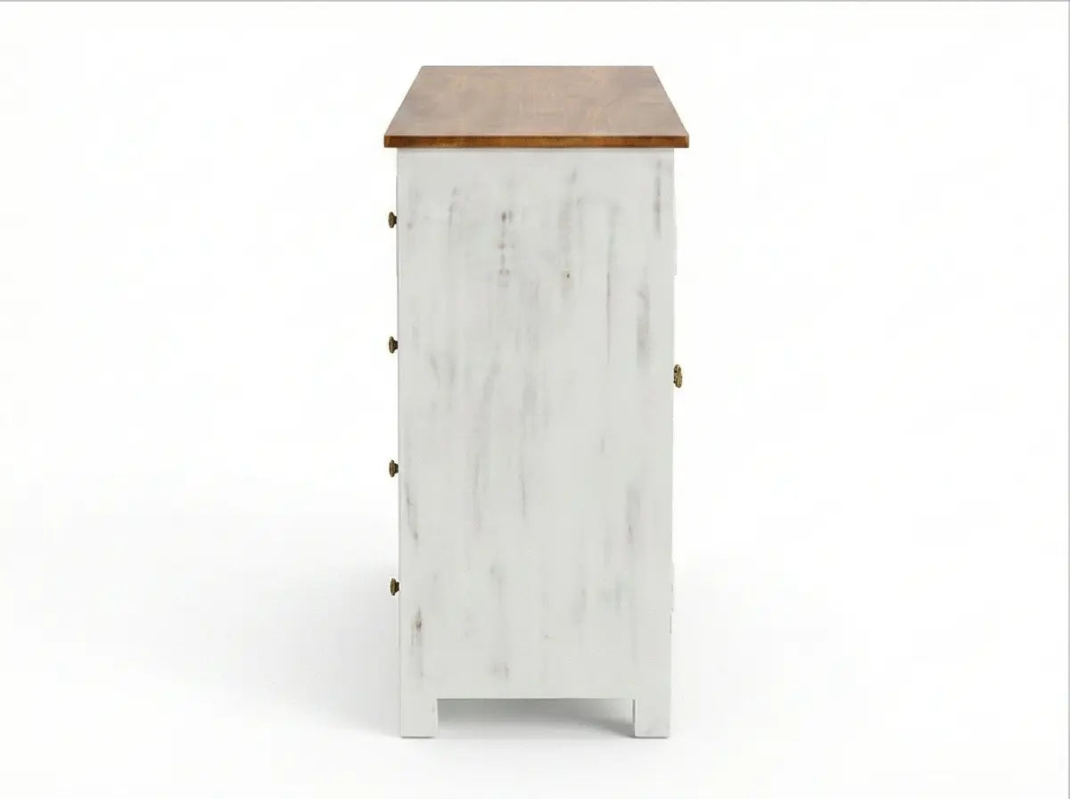 White Distressed Wooden Sideboard Cabinet with Carved Glass Doors
