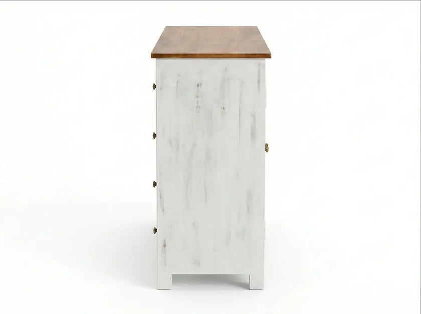White Distressed Wooden Sideboard Cabinet with Carved Glass Doors