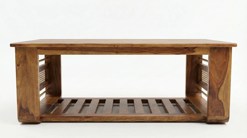 Brahmika Sheesham Rectangular Coffee Table with Rattan Cane Panels