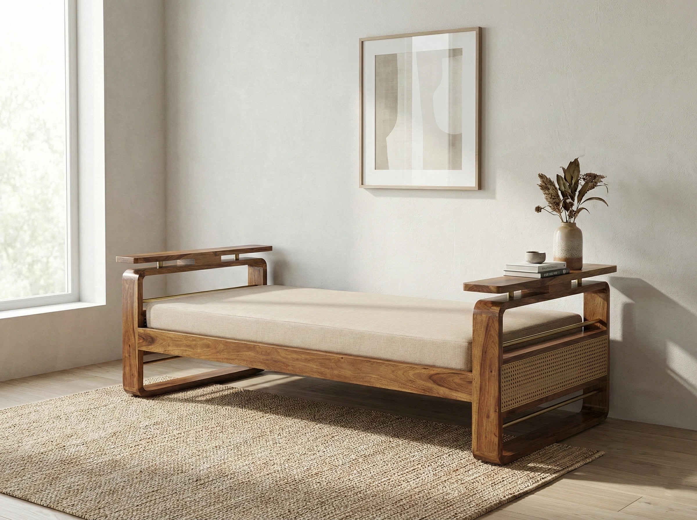 Brahmika Solid Wood Diwan with Cane Panel & Upholstered Cushion