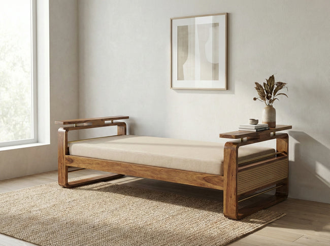 Brahmika Solid Wood Diwan with Cane Panel & Upholstered Cushion