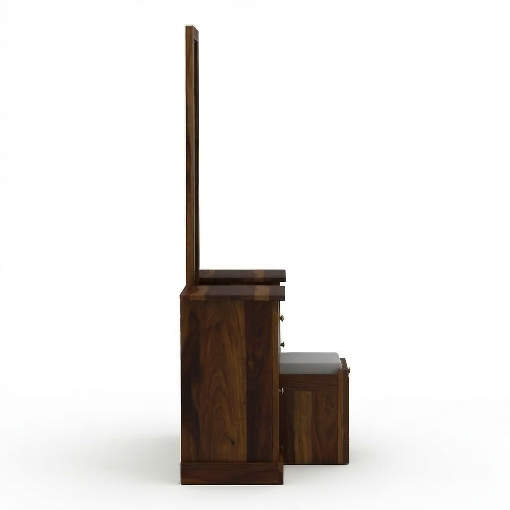 Solid Wood Dressing Table with Dual Storage Units & Cushioned Stool