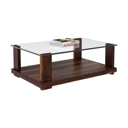 Demto Rectangular Glasstop Centre Table by Induscraft in Solid Sheesham Wood