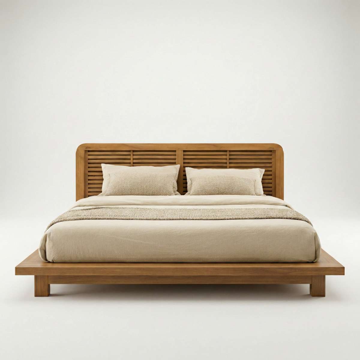 Karui Luxury Solid Oak Wood Platform Bed with Stilted Headboard
