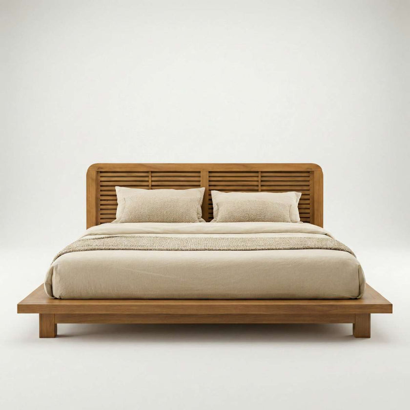 Karui Luxury Solid Oak Wood Platform Bed with Stilted Headboard