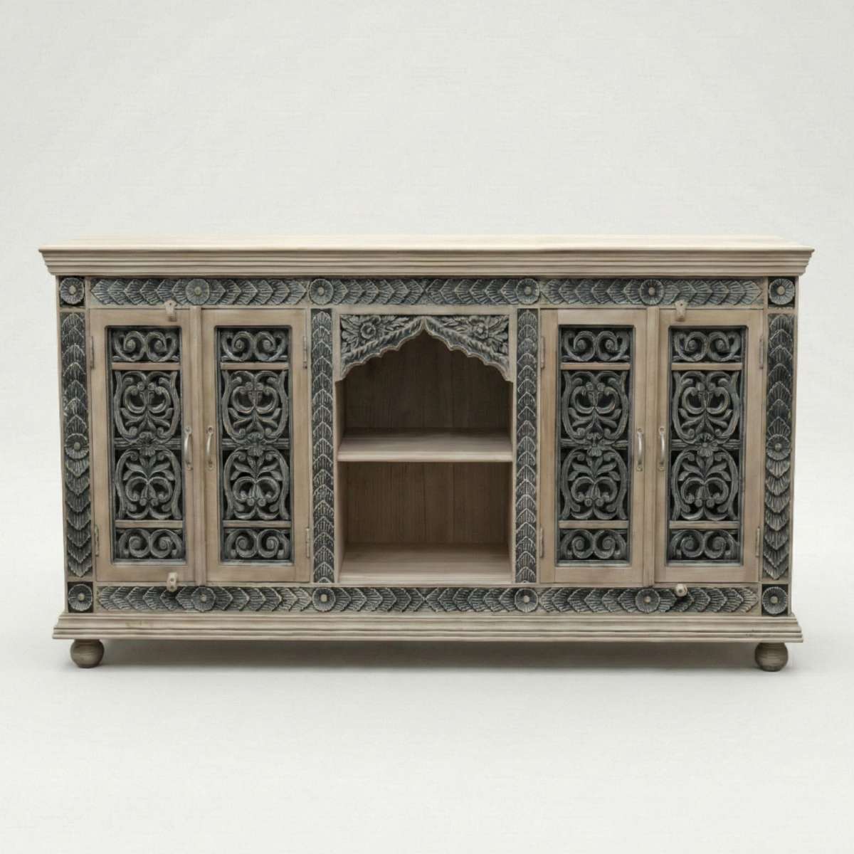 Meher Solid Teak Wood Carved Sideboard with Open Shelf