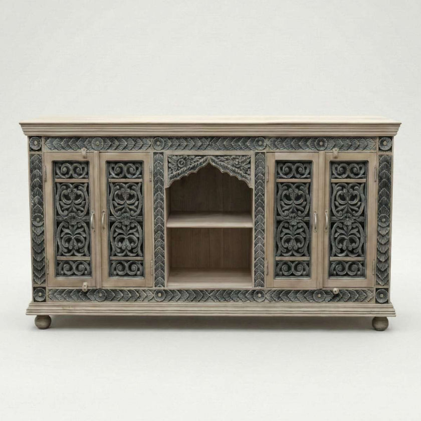 Meher Solid Teak Wood Carved Sideboard with Open Shelf