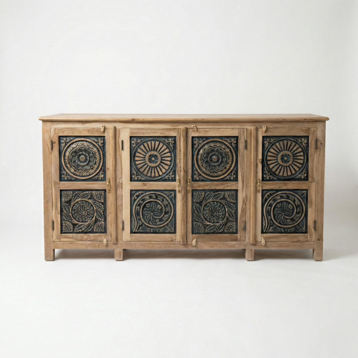 Meher Rustic Teak Wood 4 Door Carved Sideboard Cabinet