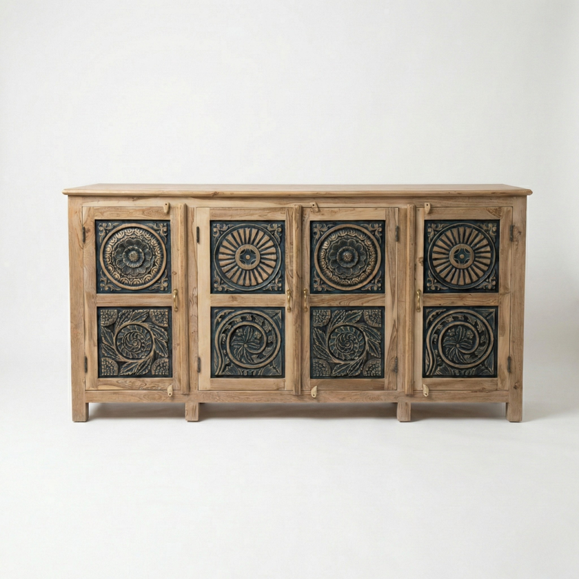 Meher Rustic Teak Wood 4 Door Carved Sideboard Cabinet