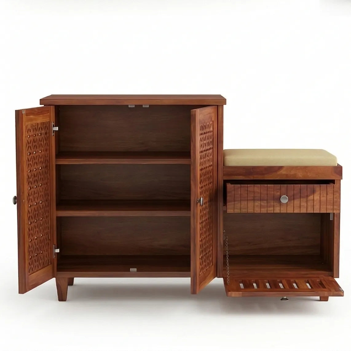 Solid Wood Shoe Rack with Carved Doors & Cushioned Bench Entryway Shoe Storage Cabinet