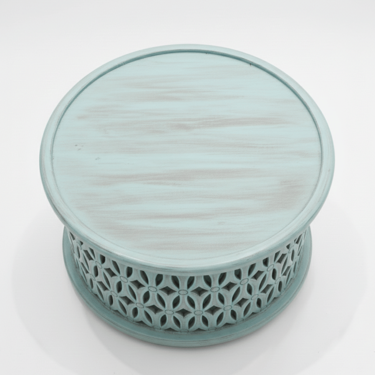 Aarav Carved Round Coffee Table – Blue Distressed Finish