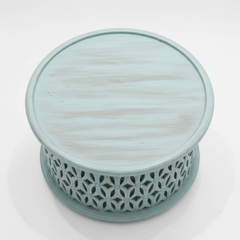 Aarav Carved Round Coffee Table – Blue Distressed Finish