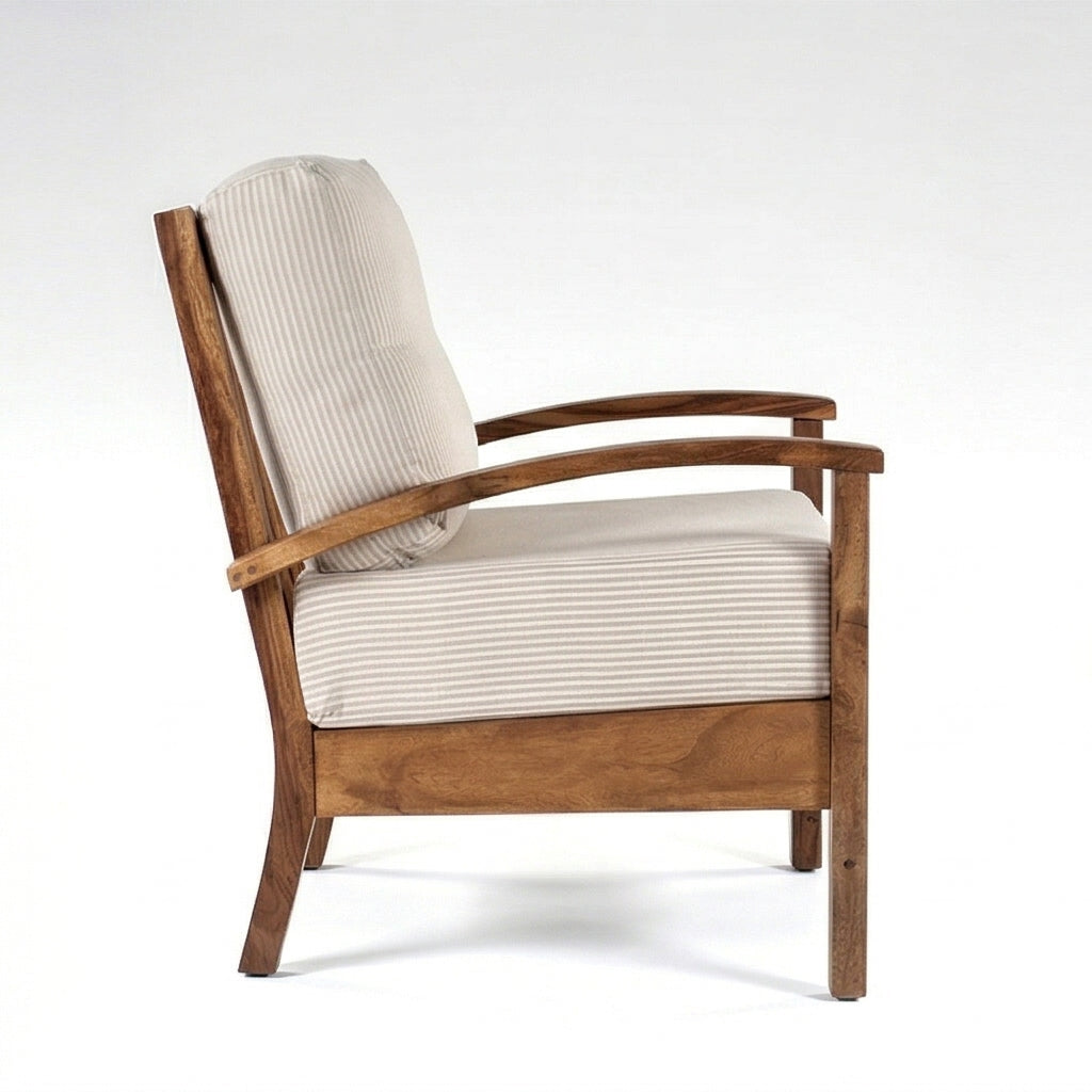 Solid Wood Lounge Armchair with Striped Upholstery