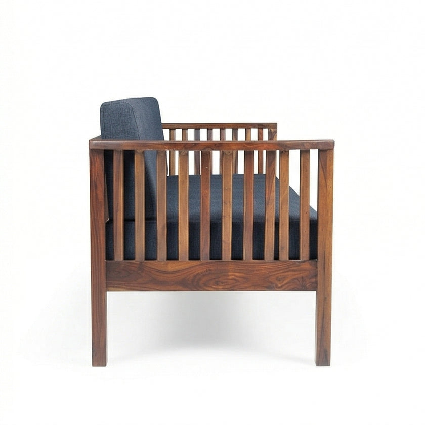 Solid Wood 2-Seater Sofa with Slatted Arms & Cushions Contemporary Wooden Sofa