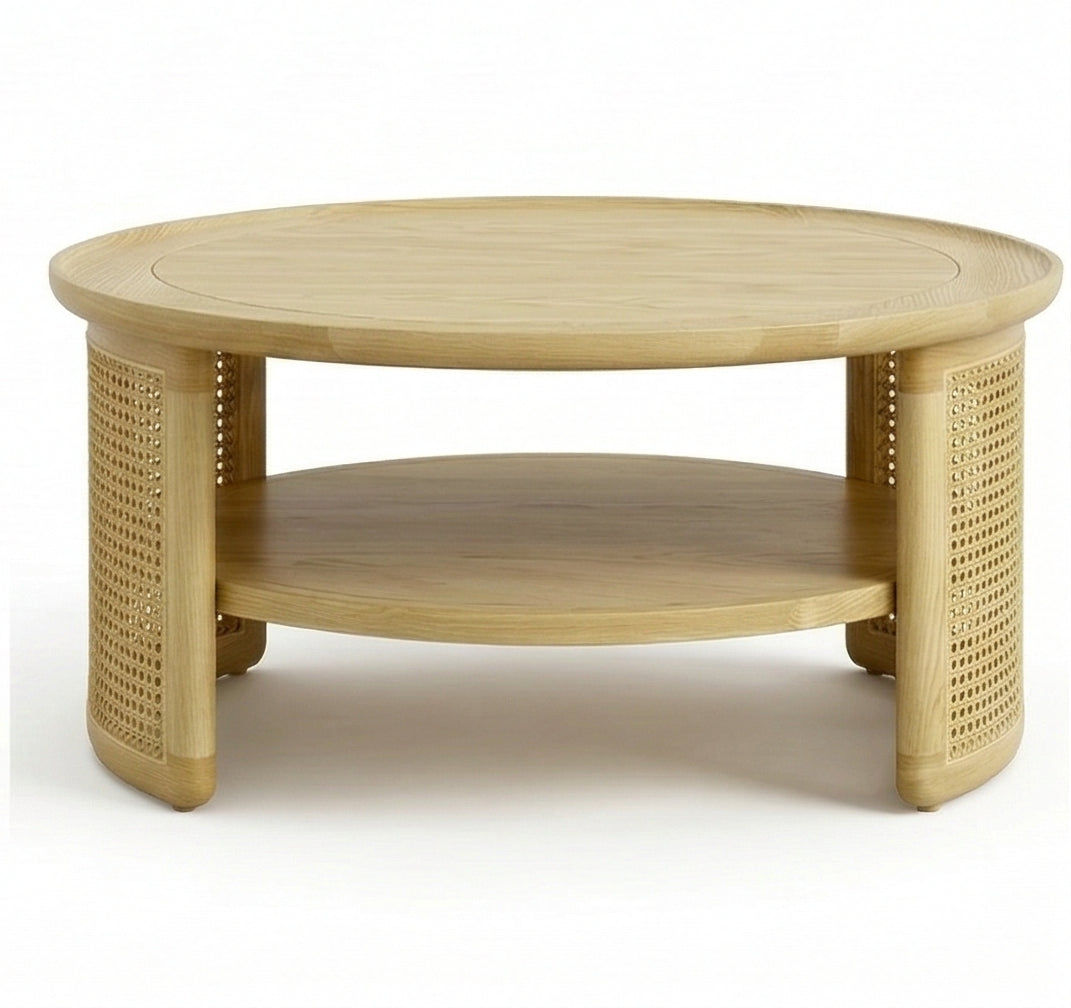 Aprd Round Solid Wood Cane Coffee Table with Storage Shelf