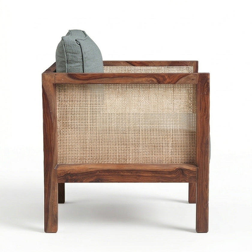 Solid Wood Cane Armchair with Upholstered Cushion Modern Rattan Accent Chair