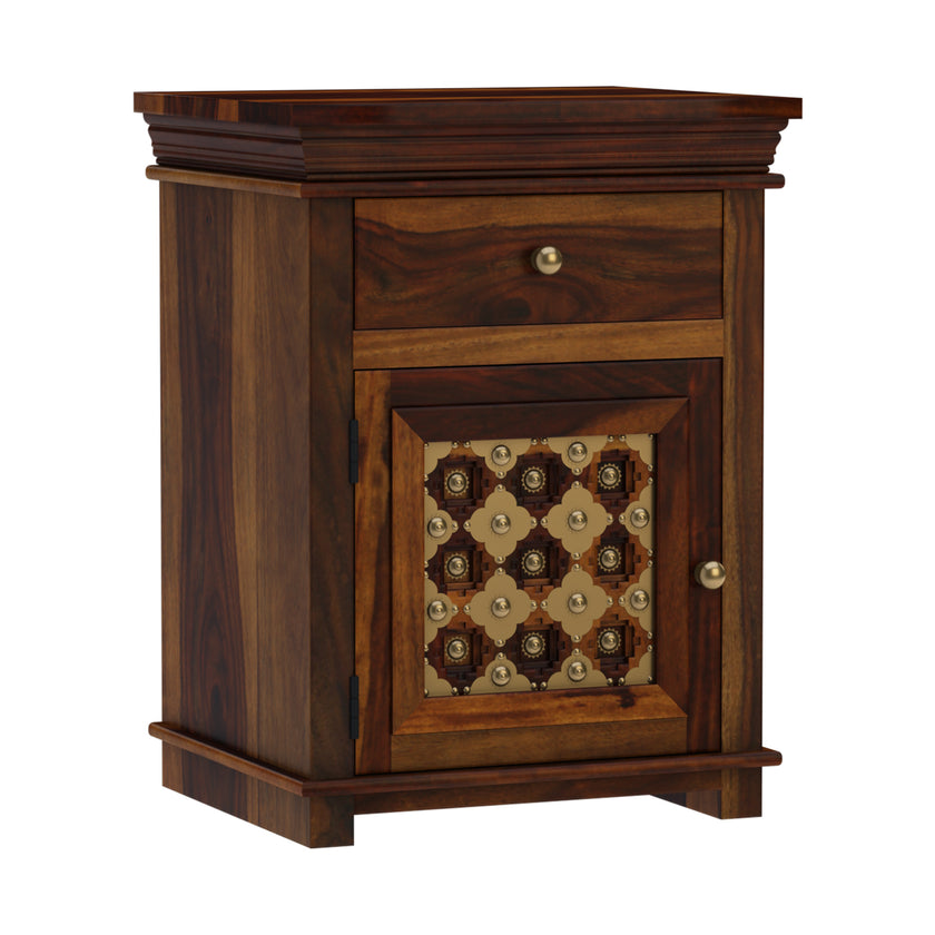 Brass Fusion Sheesham Wood Vintage Carved Bedside Table