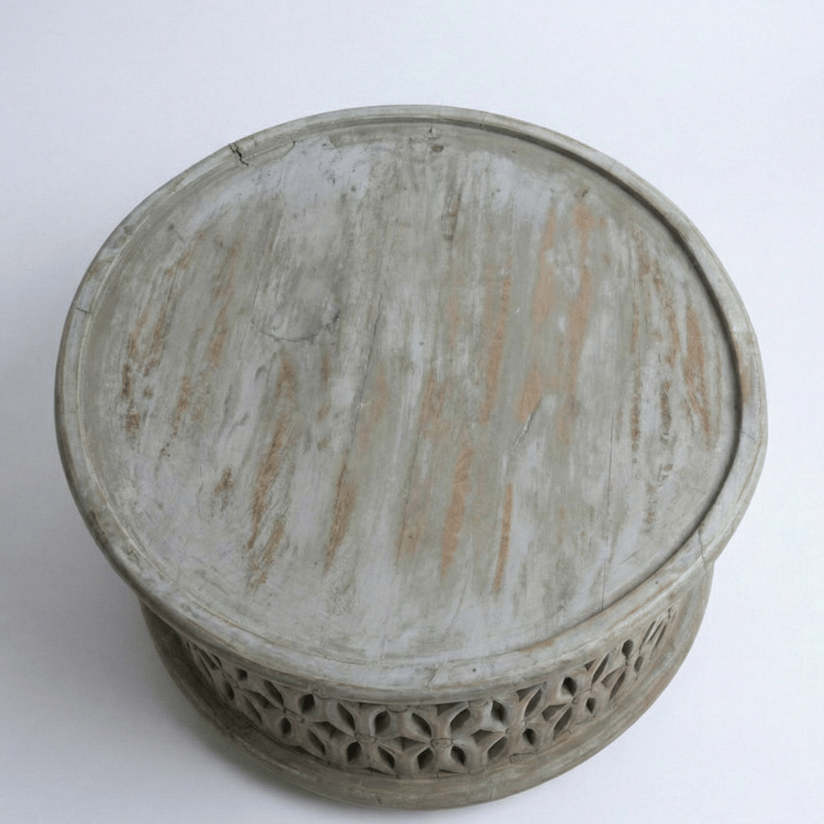 Aarav Carved Round Coffee Table – White Distressed Finish