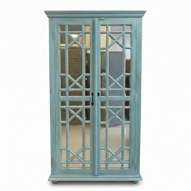 Solid Wood Display Cabinet with Glass Panel Doors Blue Finish Storage & Showcase Unit