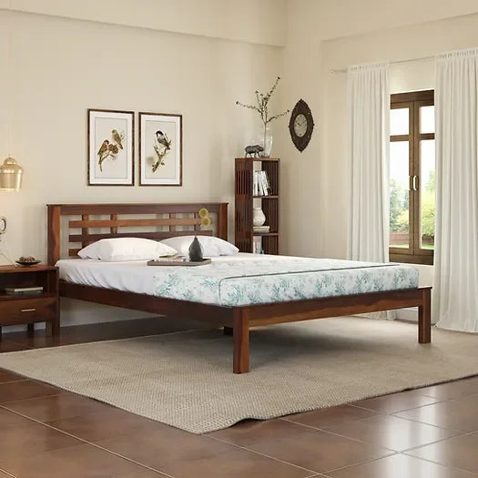 Easter Solid Sheesham Wood Modern Slatted Headboard Bed