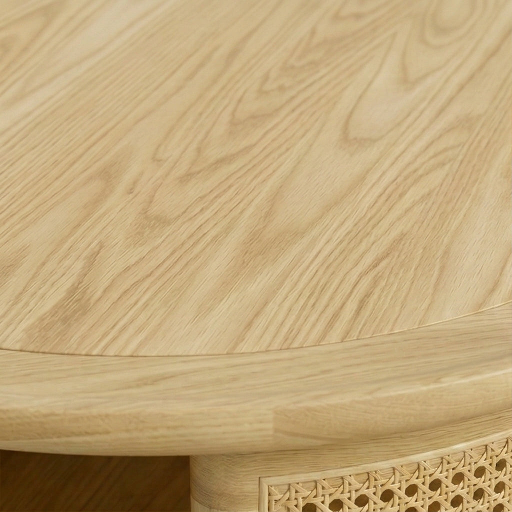 Aprd Round Solid Wood Cane Coffee Table with Storage Shelf