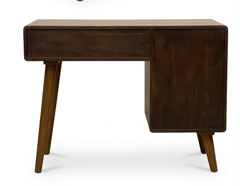 Mid-Century Solid Wood Dressing Table with Cane Drawer & Storage