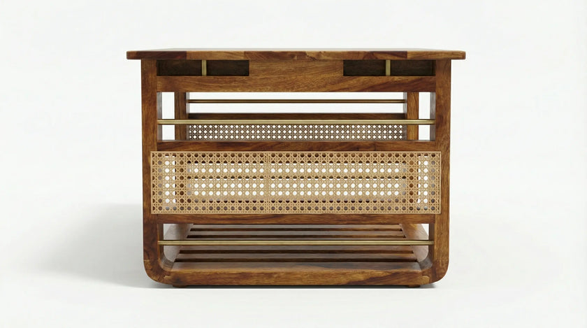 Brahmika Sheesham Rectangular Coffee Table with Rattan Cane Panels