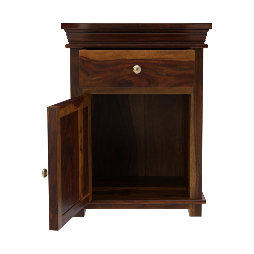 Brass Fusion Sheesham Wood Vintage Carved Bedside Table
