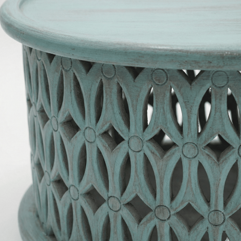 Aarav Carved Round Coffee Table – Blue Distressed Finish