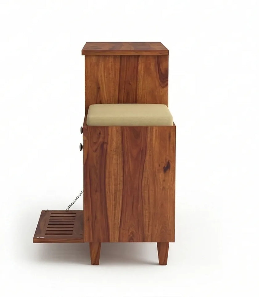 Solid Wood Shoe Rack with Carved Doors & Cushioned Bench Entryway Shoe Storage Cabinet