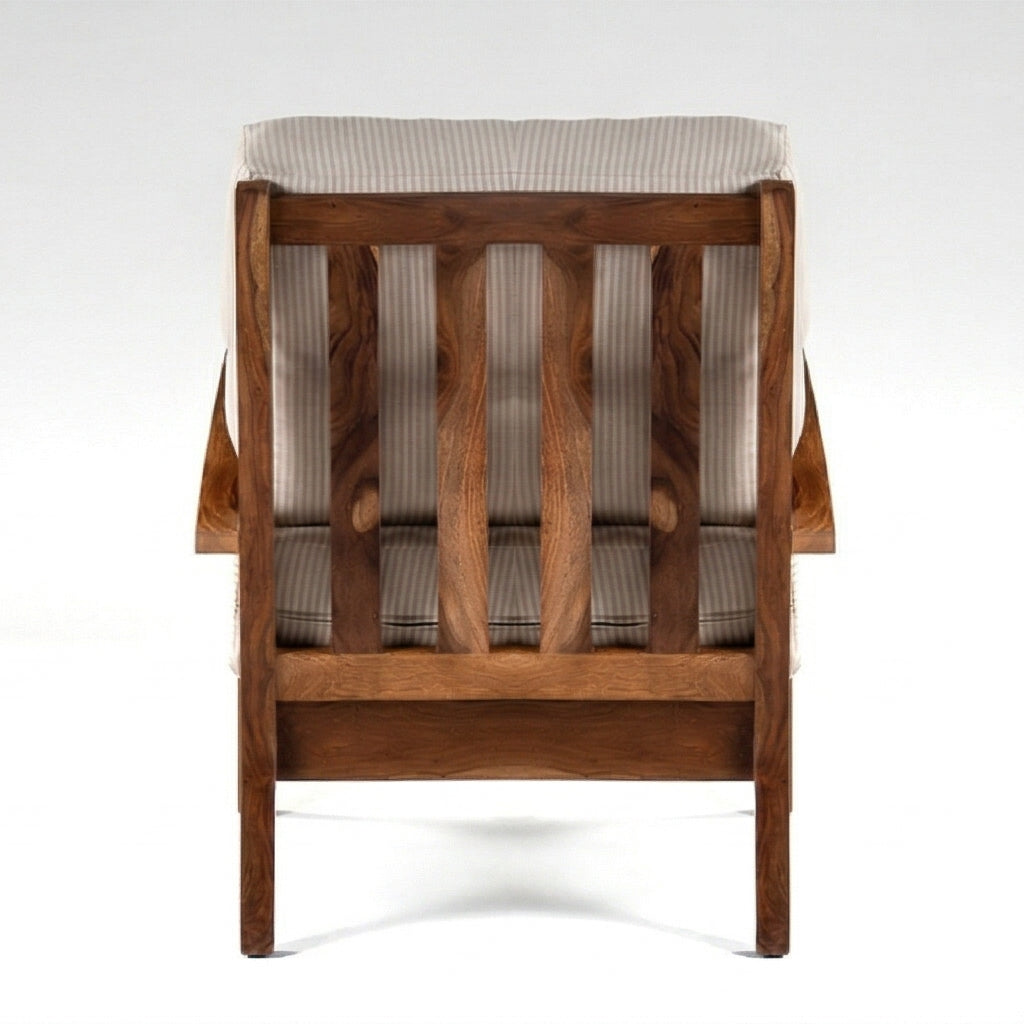 Solid Wood Lounge Armchair with Striped Upholstery